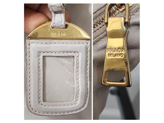 Prada Vitello Daino Leder Hobo Tasche Off-White Roh - Ansicht 11