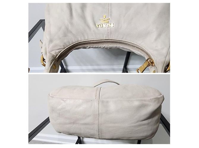 Prada Vitello Daino Leder Hobo Tasche Off-White Roh - Ansicht 8