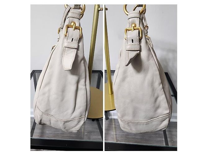 Prada Vitello Daino Leder Hobo Tasche Off-White Roh - Ansicht 9