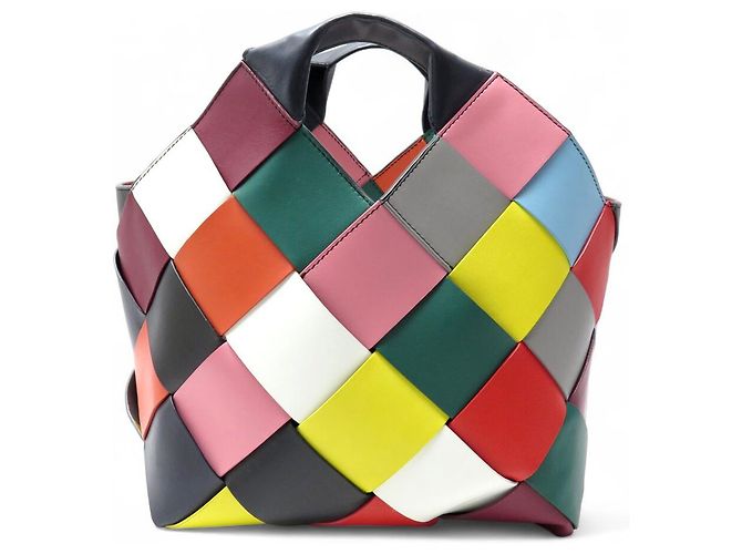NUOVA BORSA A MANO LOEWE CESTA IN PELLE INTRECCIATA MULTICOLORATO A QUADRI Multicolore - vista 2