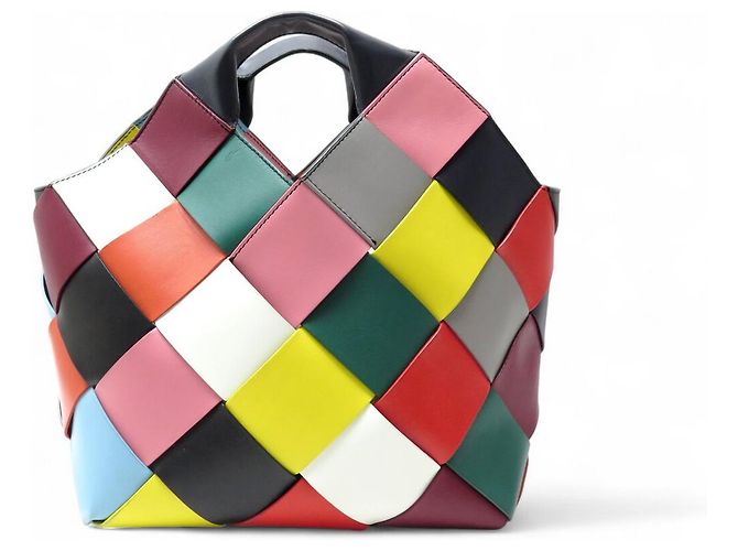 NUOVA BORSA A MANO LOEWE CESTA IN PELLE INTRECCIATA MULTICOLORATO A QUADRI Multicolore - vista 3