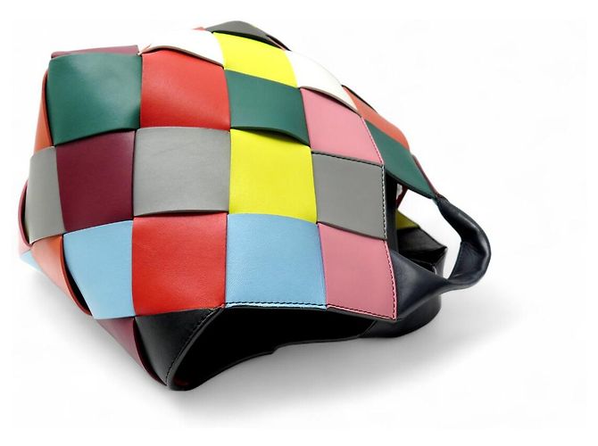 NUOVA BORSA A MANO LOEWE CESTA IN PELLE INTRECCIATA MULTICOLORATO A QUADRI Multicolore - vista 6