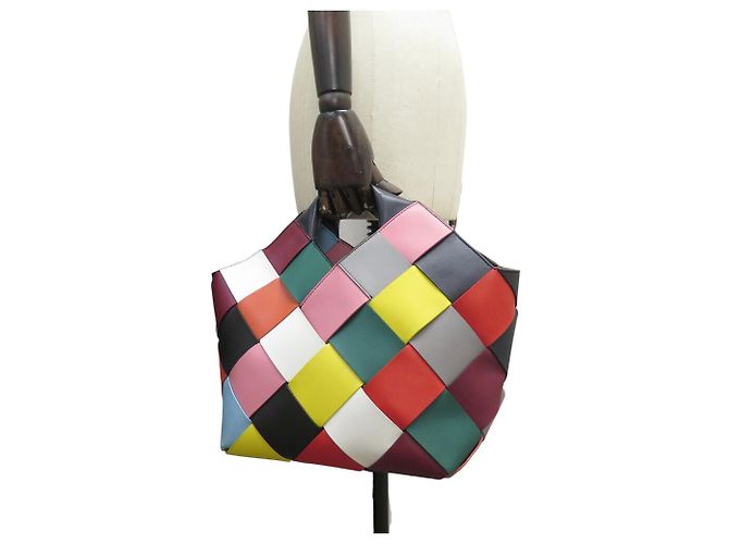 NUOVA BORSA A MANO LOEWE CESTA IN PELLE INTRECCIATA MULTICOLORATO A QUADRI Multicolore - vista 7