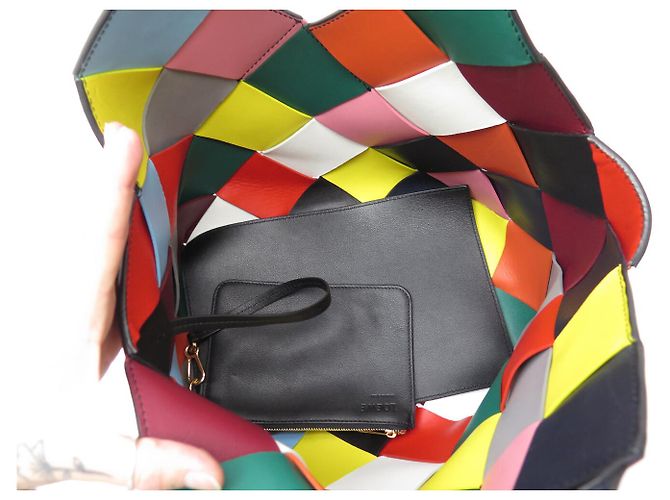 NUOVA BORSA A MANO LOEWE CESTA IN PELLE INTRECCIATA MULTICOLORATO A QUADRI Multicolore - vista 8
