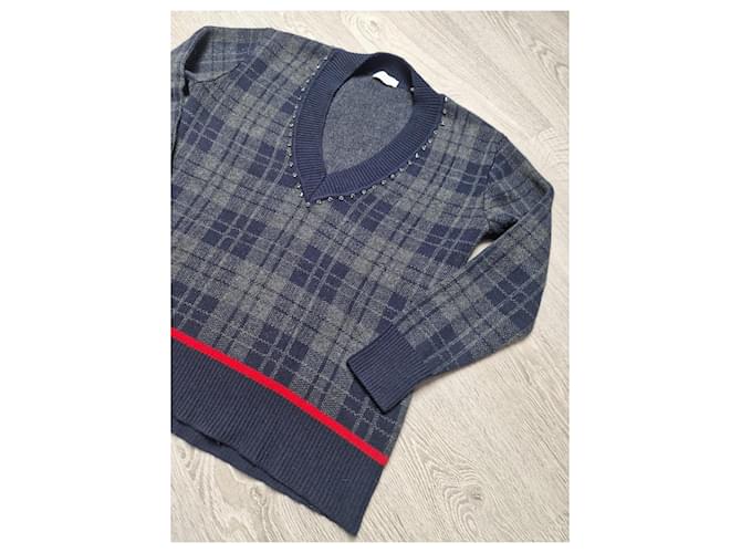 Sandro Karomuster Pullover aus Wolle und Kaschmir V-Ausschnitt Marineblau Dunkelgrün - Ansicht 2