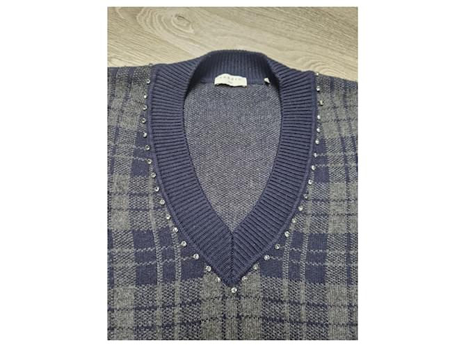 Sandro Karomuster Pullover aus Wolle und Kaschmir V-Ausschnitt Marineblau Dunkelgrün - Ansicht 3