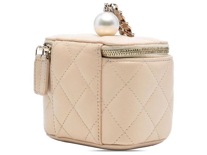 Chanel Mini Vanity Case in Caviar Iridescente Marrone con Catena e Perla in Alto Beige - vista 2
