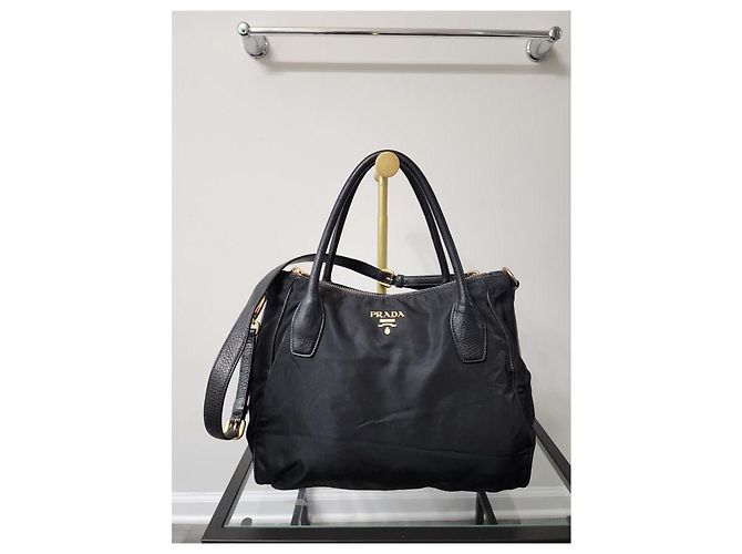 Borsa tote Prada in nylon e pelle nera Nero - vista 11