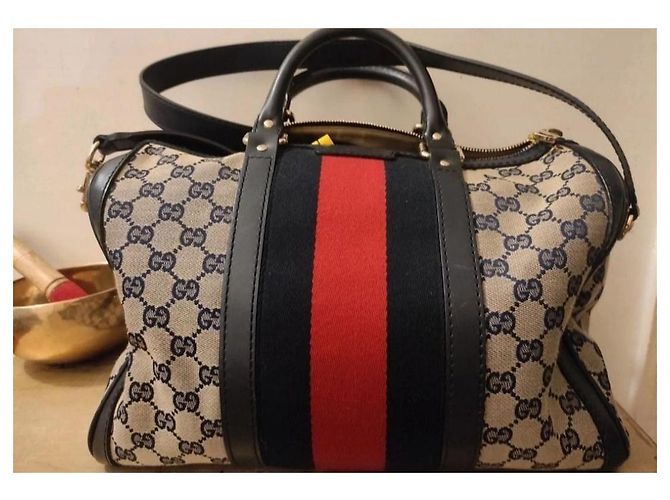 Gucci Boston Handtasche Blau und Rot Stoff - Ansicht 2