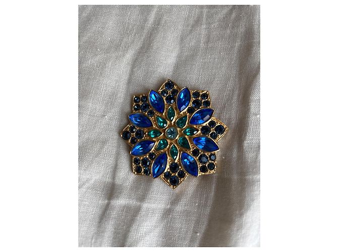 Spilla Yves Saint Laurent metallo dorato cristalli blu e verdi D'oro Verde - vista 5