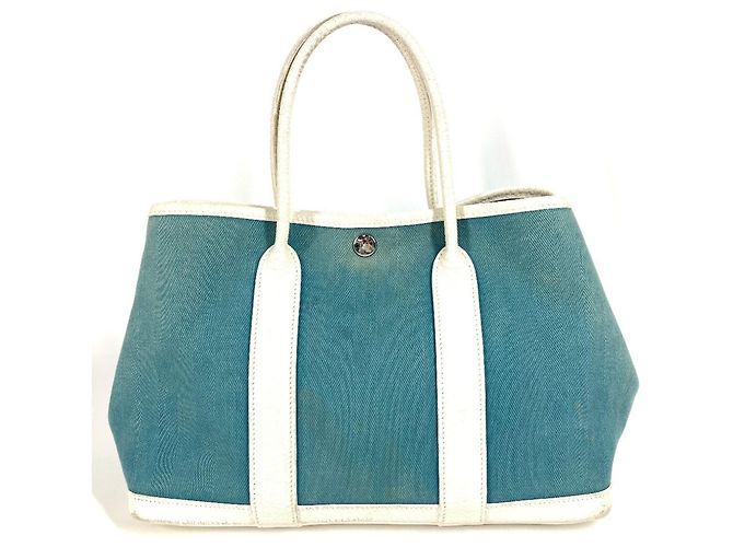 Hermès Borsa Hermes Garden Party TPM in Toile Officier Bianco Blu - vista 2
