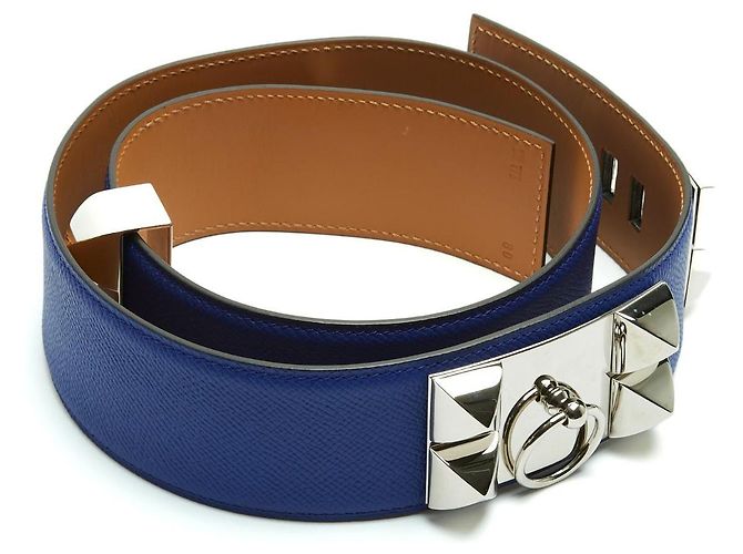 Hermès 2011 T80 Kleinblaue Leder Collier de Chien 50 Gürtel 32in Hermes Silber - Ansicht 2