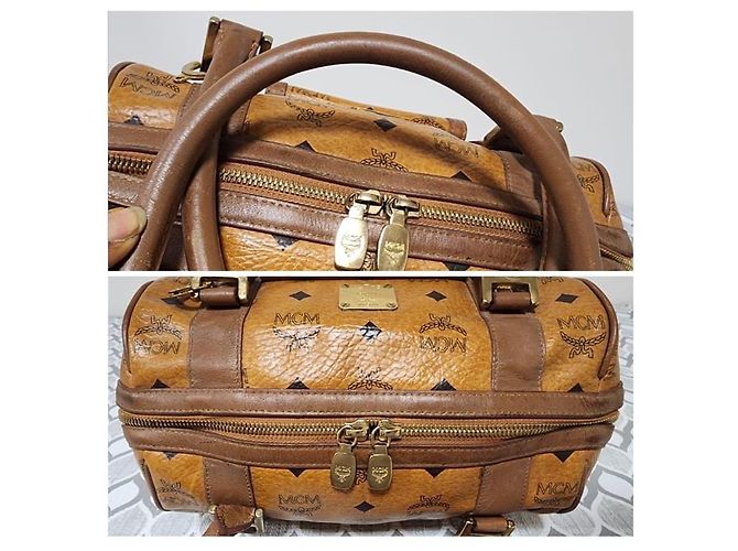 Borsa Boston con tasca frontale in tela rivestita e pelle MCM Visetos Cognac/Marrone - vista 11