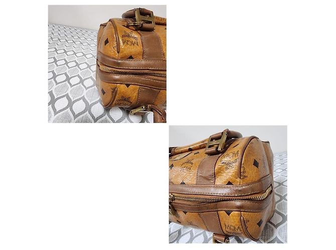 Borsa Boston con tasca frontale in tela rivestita e pelle MCM Visetos Cognac/Marrone - vista 12