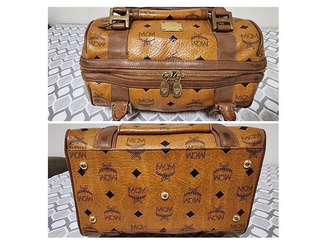 Borsa Boston con tasca frontale in tela rivestita e pelle MCM Visetos Cognac/Marrone - vista 13