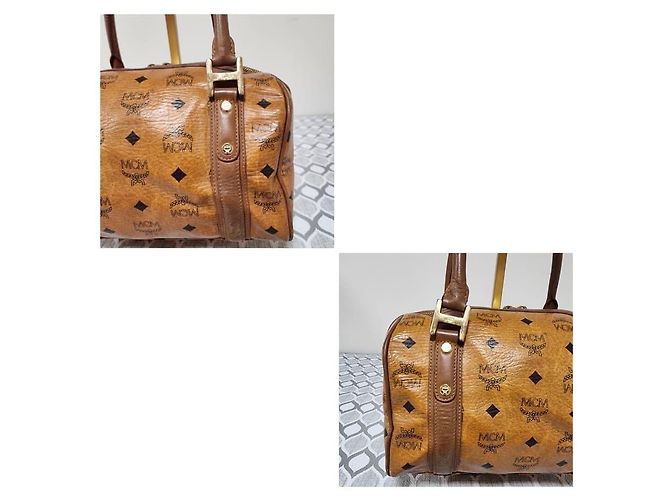 Borsa Boston con tasca frontale in tela rivestita e pelle MCM Visetos Cognac/Marrone - vista 6
