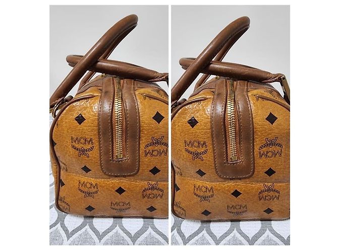 Borsa Boston con tasca frontale in tela rivestita e pelle MCM Visetos Cognac/Marrone - vista 7