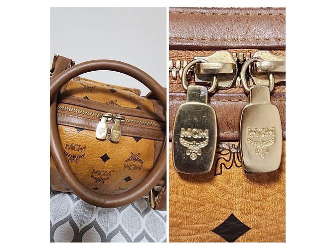 Borsa Boston con tasca frontale in tela rivestita e pelle MCM Visetos Cognac/Marrone - vista 8