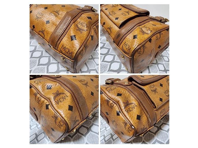 Borsa Boston con tasca frontale in tela rivestita e pelle MCM Visetos Cognac/Marrone - vista 9