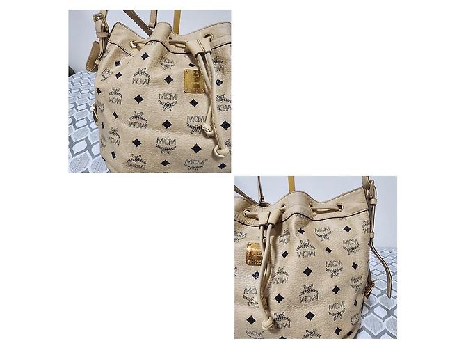 Borsa a secchiello in pelle Visetos MCM beige con coulisse - vista 10