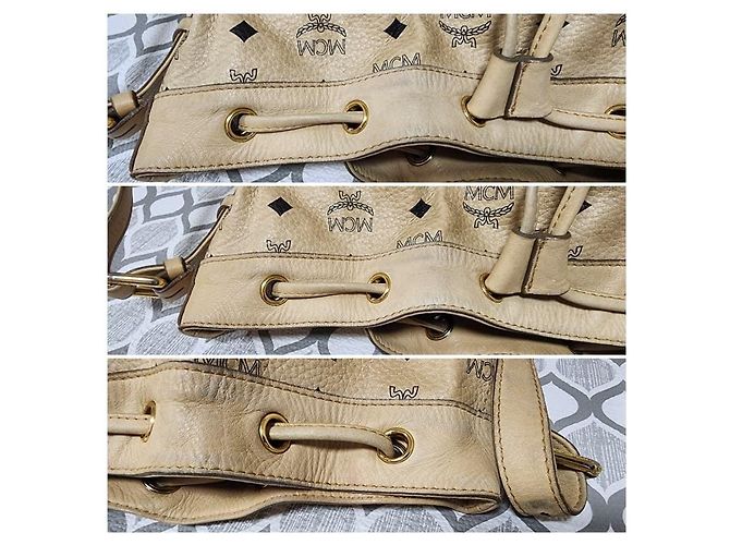 Borsa a secchiello in pelle Visetos MCM beige con coulisse - vista 11