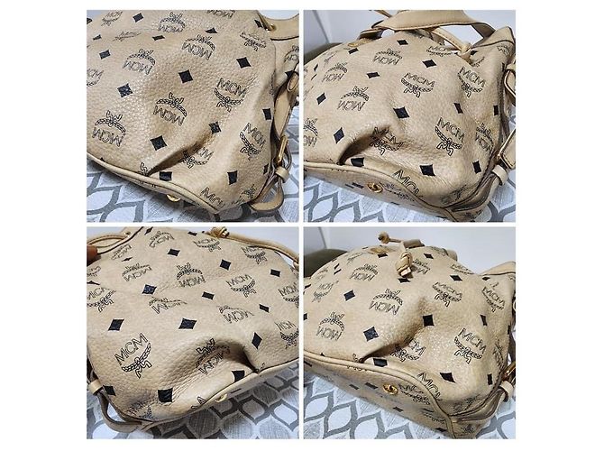 Borsa a secchiello in pelle Visetos MCM beige con coulisse - vista 12