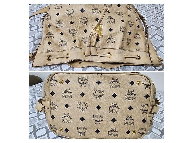 Borsa a secchiello in pelle Visetos MCM beige con coulisse - vista 14