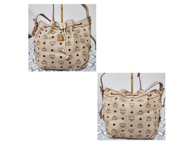 Borsa a secchiello in pelle Visetos MCM beige con coulisse - vista 6