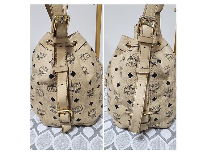 Borsa a secchiello in pelle Visetos MCM beige con coulisse - vista 7