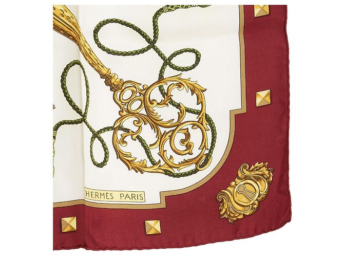 Hermès 2010 Bufanda Cuadrada 90 Les Cles Ecru Burdeos Bufanda de Seda Carre Hermes - vista 3