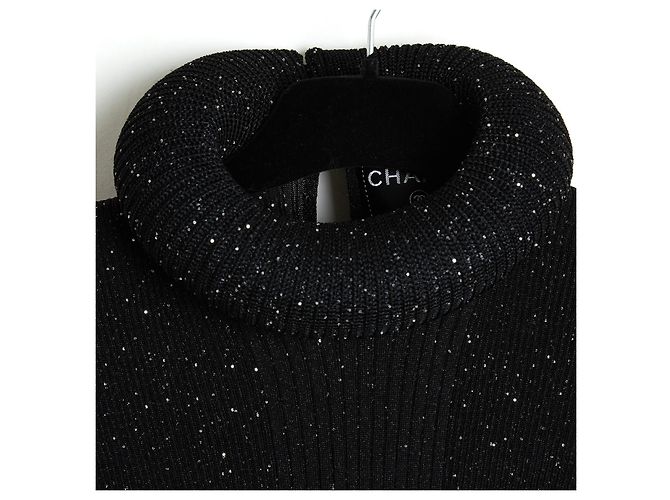 Chanel 2022 Schwarzer Glitzerpullover FR38 Rundhals-Rüschensweater UK10 US8 - Ansicht 2