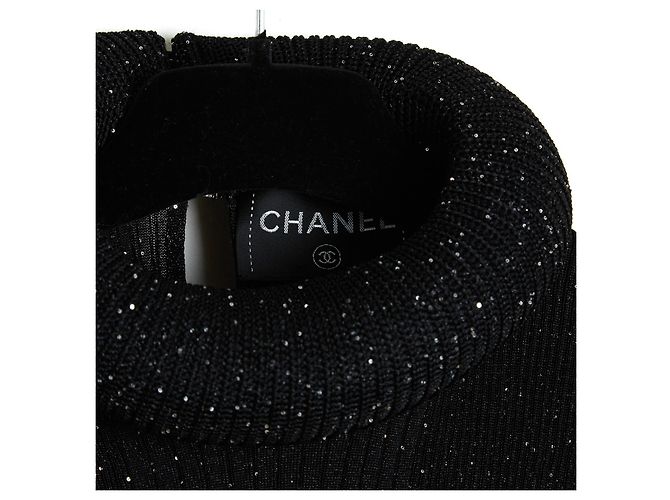 Chanel 2022 Schwarzer Glitzerpullover FR38 Rundhals-Rüschensweater UK10 US8 - Ansicht 3