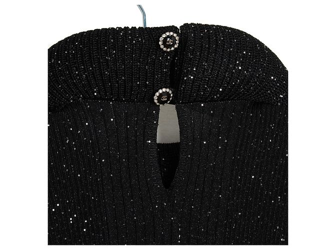 Chanel 2022 Schwarzer Glitzerpullover FR38 Rundhals-Rüschensweater UK10 US8 - Ansicht 6