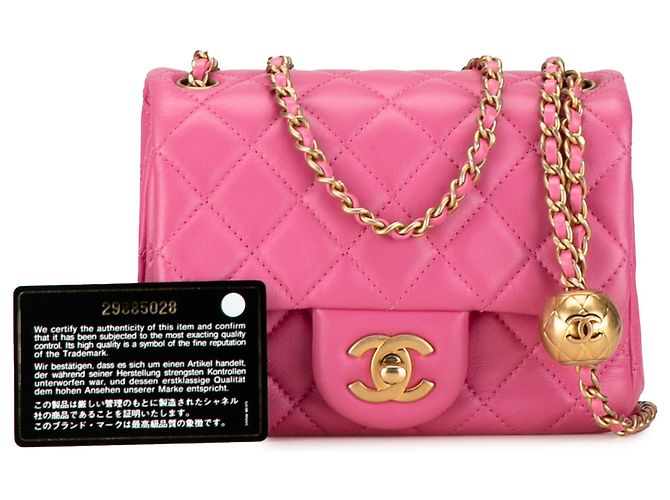 Chanel Mini Quadrado Rosa Clássico em Couro de Cordeiro com Pérolas e Fecho Simples - vista 10