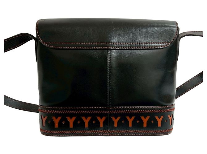 Yves Saint Laurent Perforated Cutout Leather Shoulder Bag Brown Black - view 3