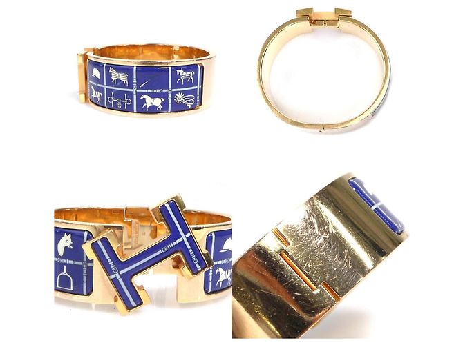 Pulsera Bangle Click-Clack de Hermès Azul Dorado Blanco roto - vista 4