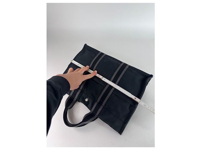 Vintage Hermès Canvas Tote Bag Schwarz Grau - Ansicht 10