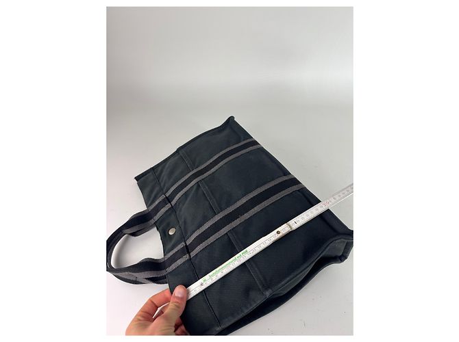 Vintage Hermès Canvas Tote Bag Schwarz Grau - Ansicht 11