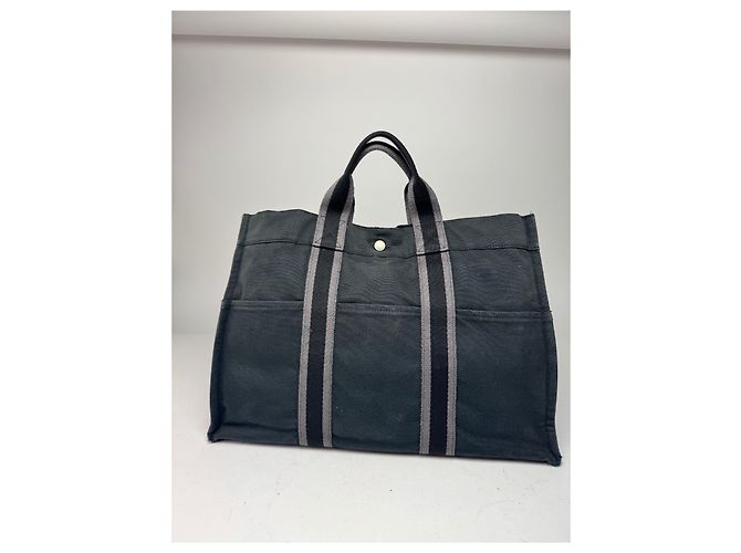 Vintage Hermès Canvas Tote Bag Schwarz Grau - Ansicht 3