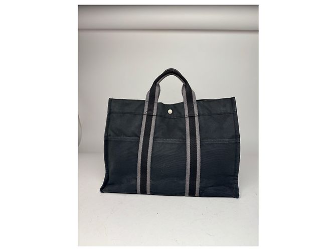 Vintage Hermès Canvas Tote Bag Schwarz Grau - Ansicht 6