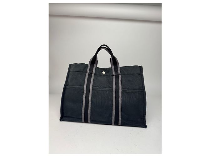 Vintage Hermès Canvas Tote Bag Schwarz Grau - Ansicht 8