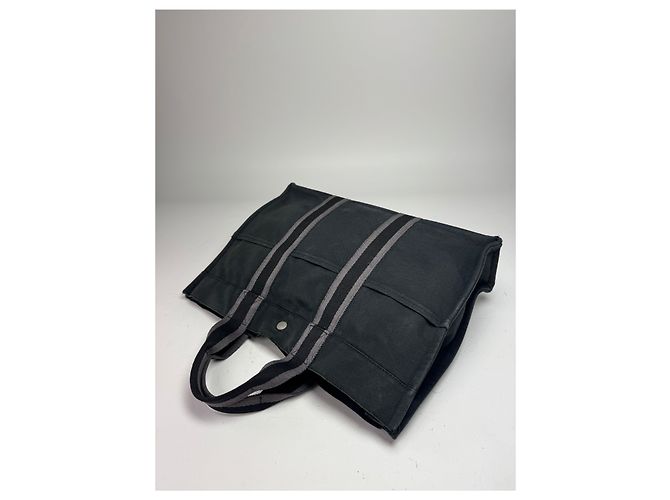 Vintage Hermès Canvas Tote Bag Schwarz Grau - Ansicht 9