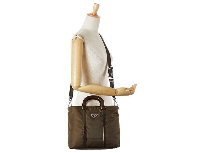 Borsa Prada con placca logo triangolare in khaki e marrone Cachi - vista 15