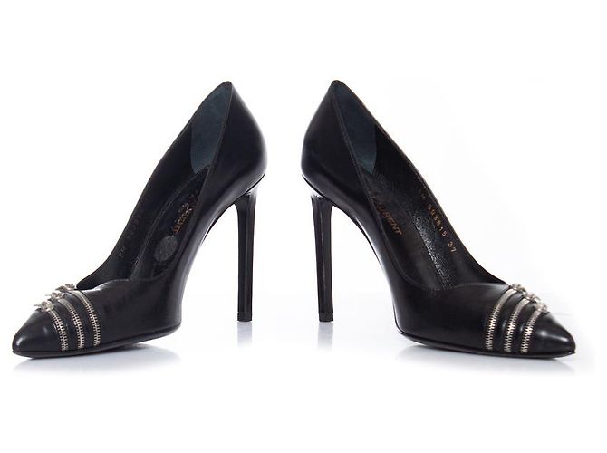 Pumps in pelle nera con zip Saint Laurent Nero - vista 6