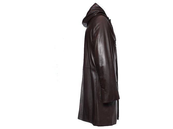 Parka in pelle marrone con cappuccio Prada - vista 3