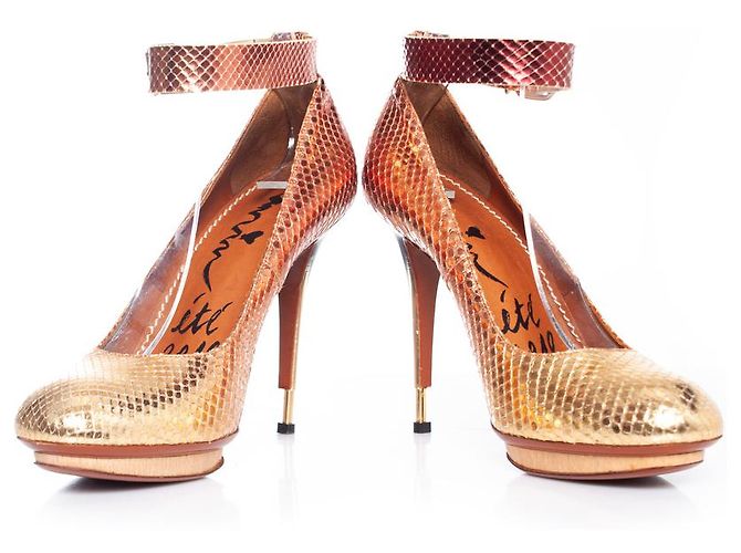 Metallisch pythonfarbene Pumps mit Knöchelriemen von Lanvin Golden - Ansicht 3