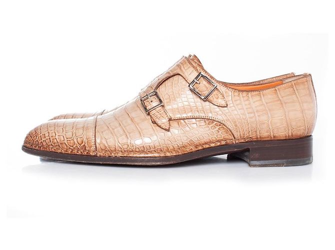 Santoni Doppelmonk-Schnürschuh aus braunem Alligator - Ansicht 2