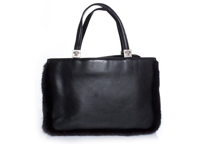 Borsa in pelle nera Gianni Versace con pelliccia Nero - vista 2