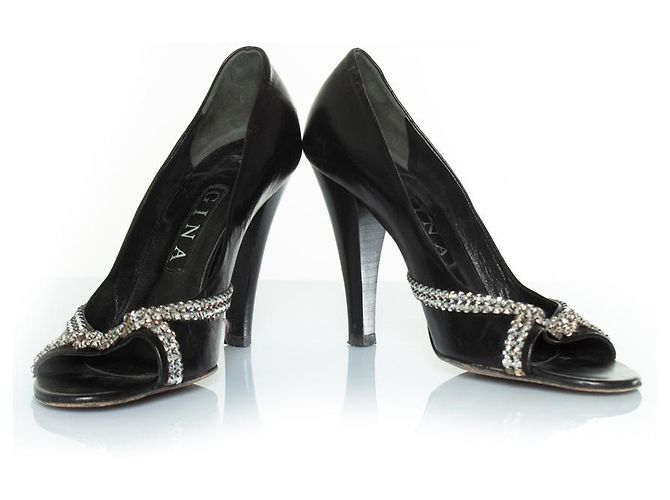 Gina Tacchi peeptoe in pelle nera con strass Nero - vista 6