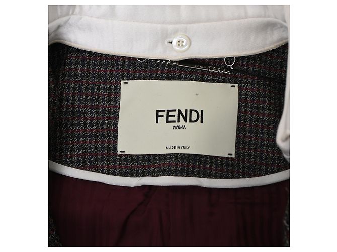 Fendi Gingham Double-Breasted Coat in Brown Wool Red - view 4